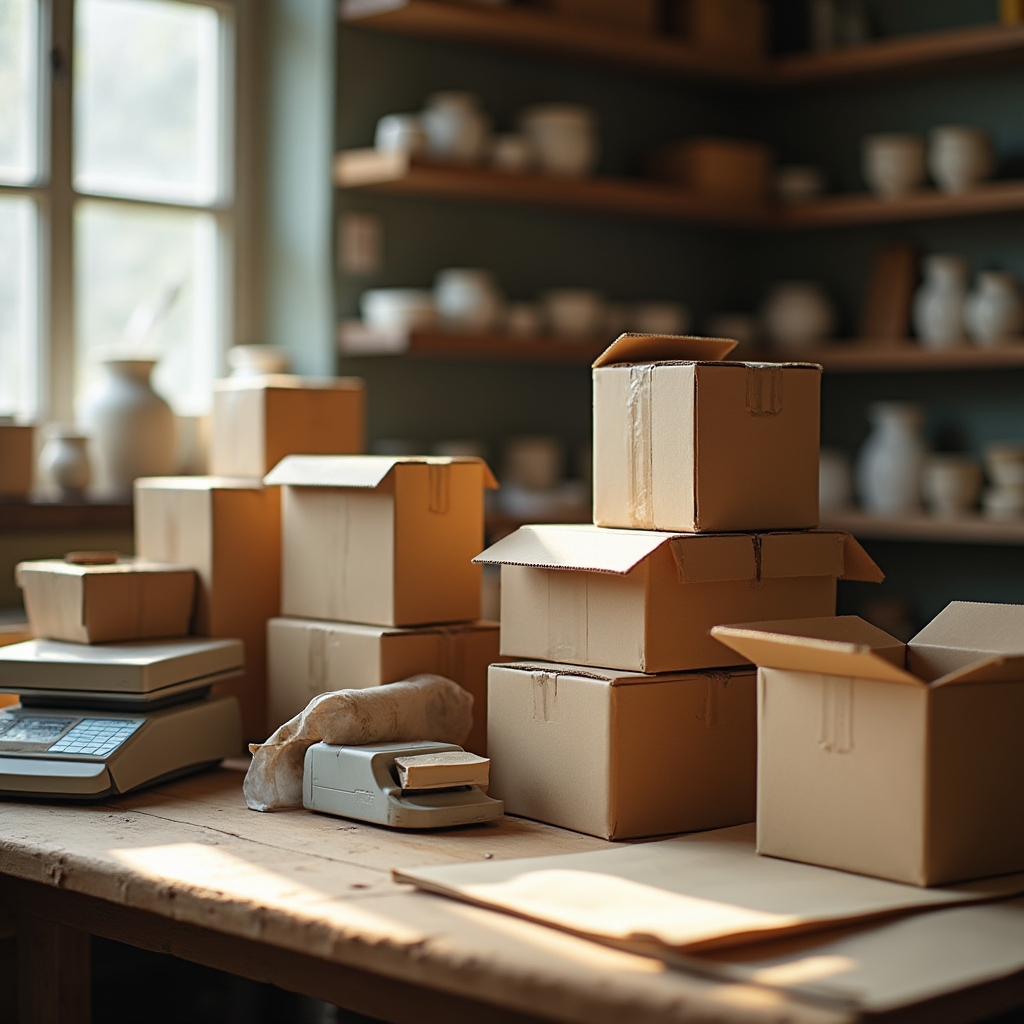 Small maker workspace with shipping boxes and tape dispenser